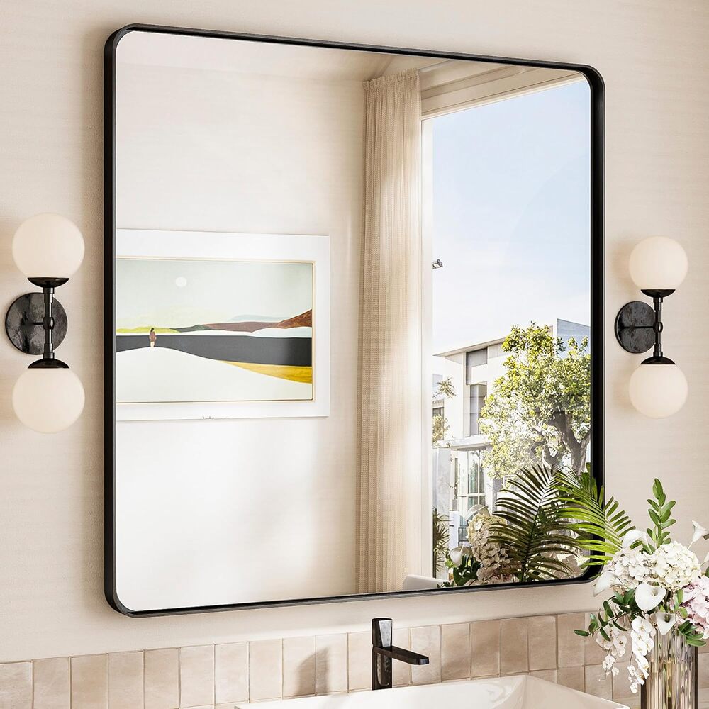 TokeShimi 36x36 Matte Black Bathroom Mirror Square Vanity Wall Mirror